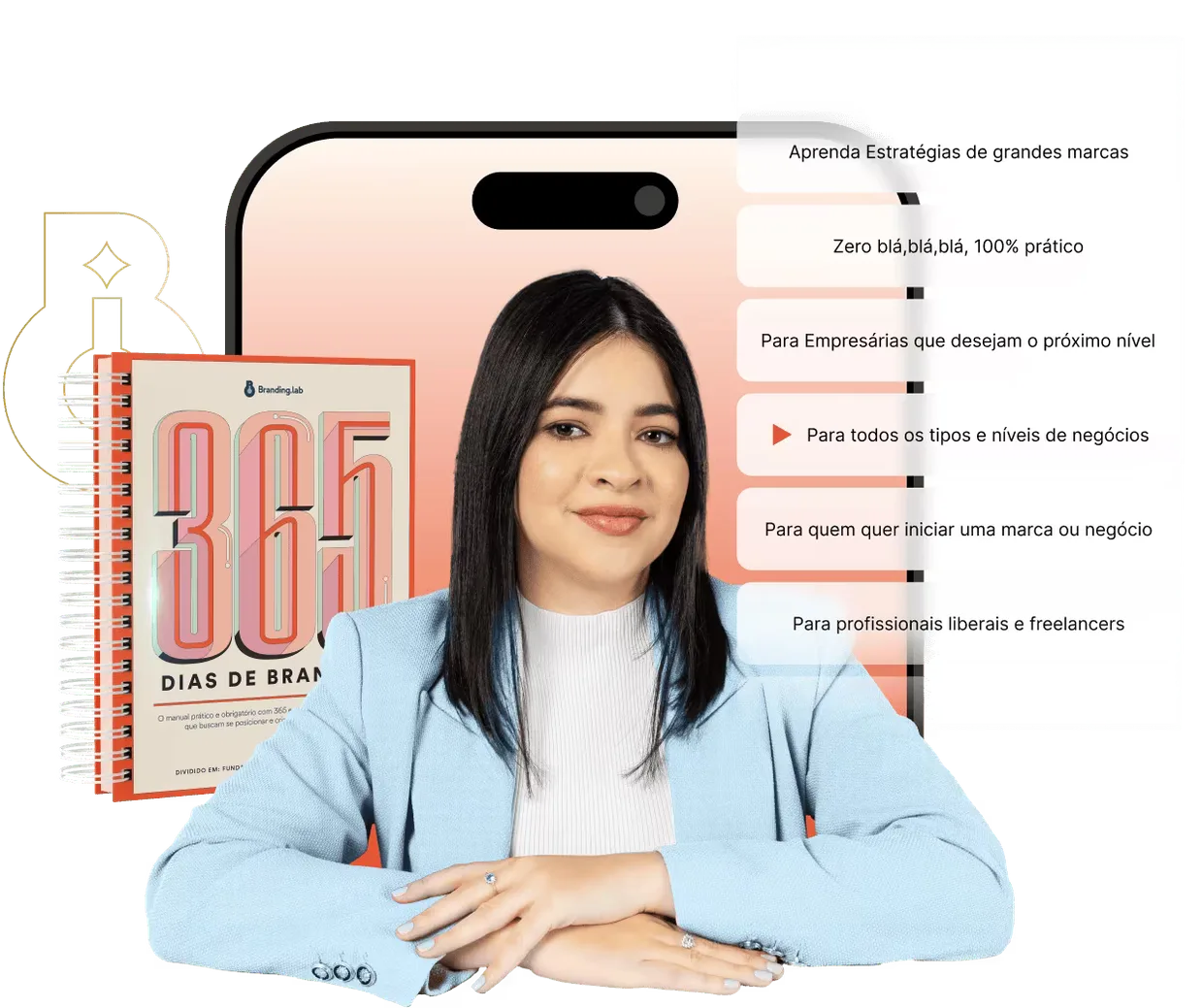Ellen ao lado do livro 365 Dias de Branding e da versão digital no celular