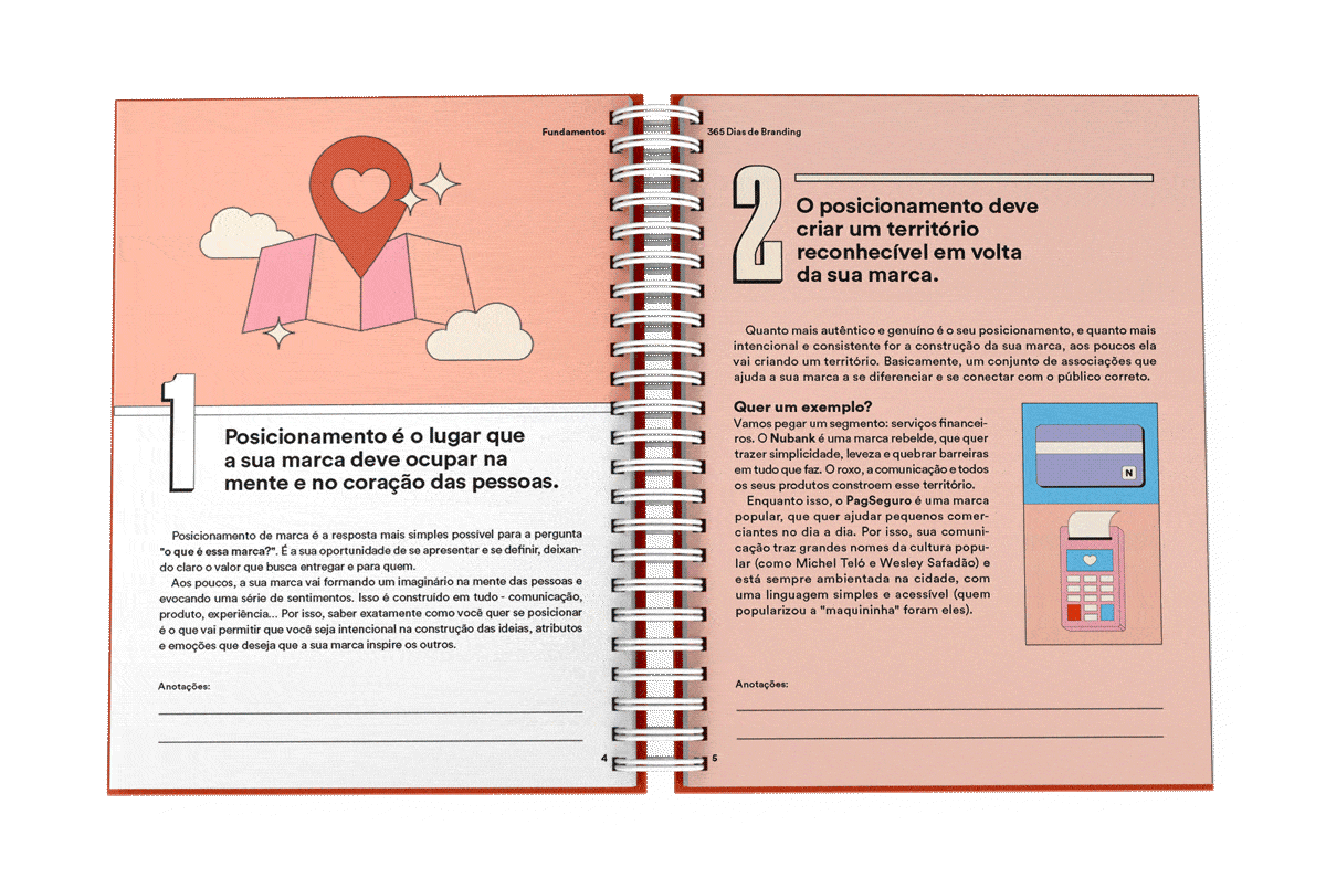Livro 365 Dias de Branding aberto, folheando as páginas